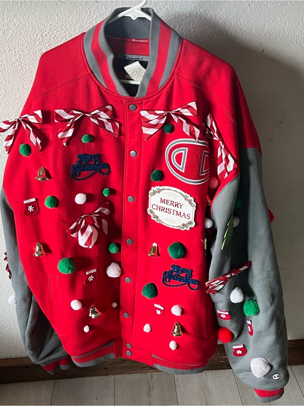 Champion Red and Gray Holiday Bomber Varsity Jacket